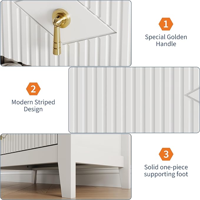 GarveeHome 2Pcs Wood Nightstand Fluted Dresser for Bedroom, 27.5" Wide 3-Drawer Bedside Tables, Modern Chest of Drawers, Storage End Table Living Room, Hallway, Entryway, White