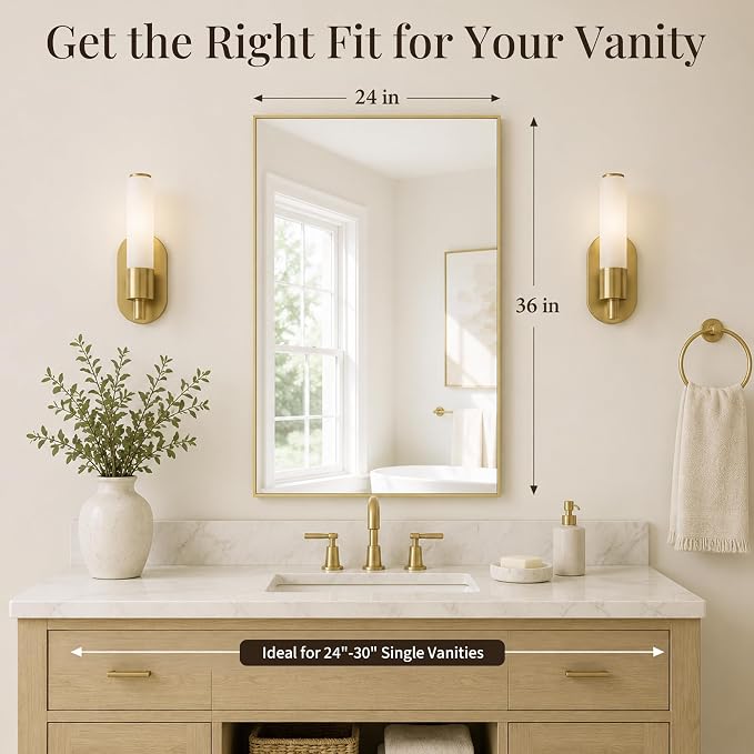 24"x36" Gold Bathroom Mirror for Wall, Shatterproof Tempered Glass, Champagne Gold Tone Rectangle Narrow Frame, H/V Wall-Mounted, Ultra-Flush