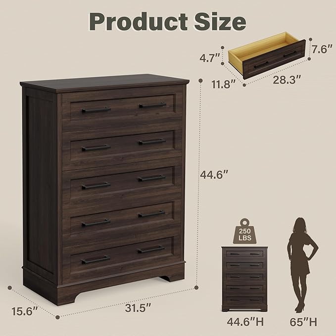 YESHOMY Tall Dresser for Bedroom, Farmhouse 5 Drawers Dresser, Chest of Drawer Chest, Multi-Tier Clothing Storage Cabinet, Brown