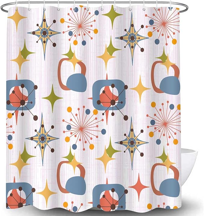 Mid Century Shower Curtain, 72x72inch, Modern Abstract Retro Pink Striped Geometric Shower Curtain Sets 1950s Boho Bathroom Shower Curtain with 12 Hooks
