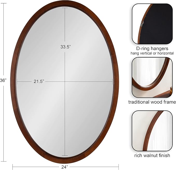 Kate and Laurel Hogan Farmhouse Oval Framed Wall Mirror; 24 x 36; Dark Walnut; Decorative Traditional Wood Mirror with Soft Curvature and Modern Oval Shape