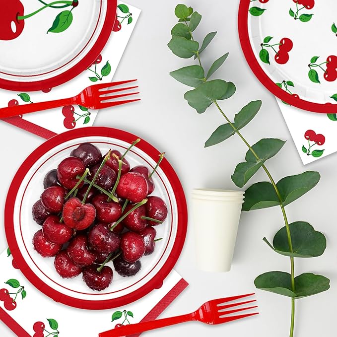 48PCS Cherry Birthday Party Decorations Cherry Themed Party Supplies Include Plates Napkins Forks for 16 Guests