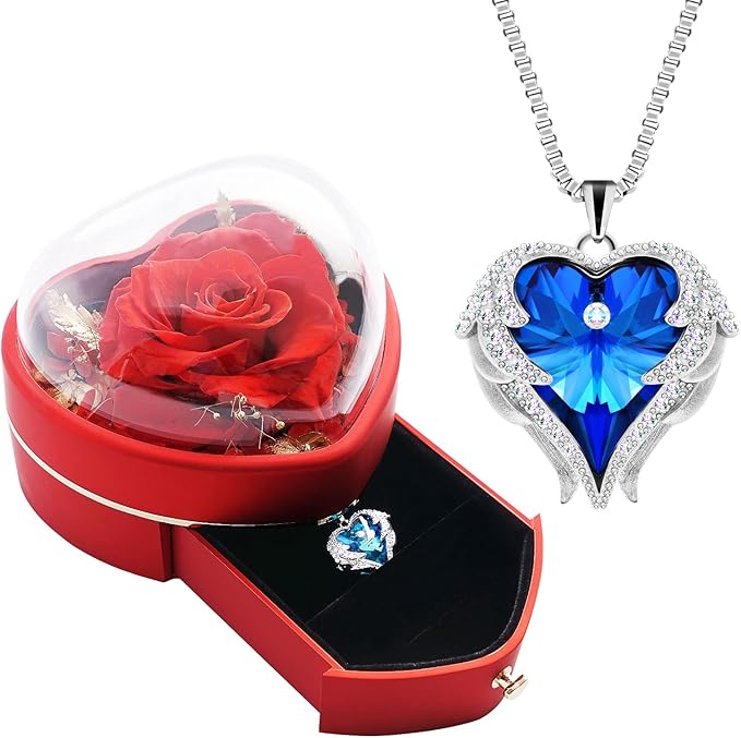 Preserved Real Red Rose with Heart Necklace Gift for Girlfriend. Gifts for Mom Grandma on Mothers Day .Anniversary Birthday Gifts for Her. Birthday Gifts for Women.