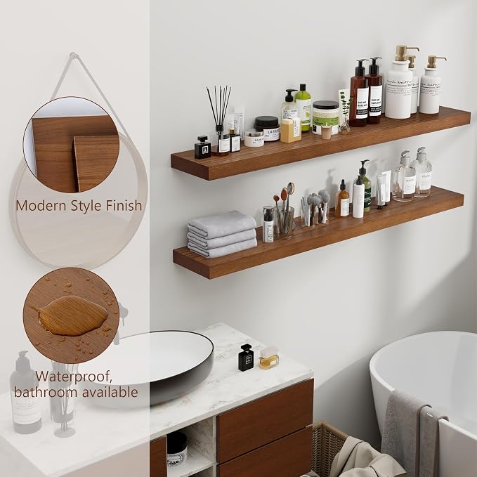 fuqing Rustic Floating Shelves, 48 Inch Floating Shelf Set of 2, Solid Wood Wall Mounted Shelves Dark Wood Shelves for Bedroom Bathroom Living Room - Dark Walnut