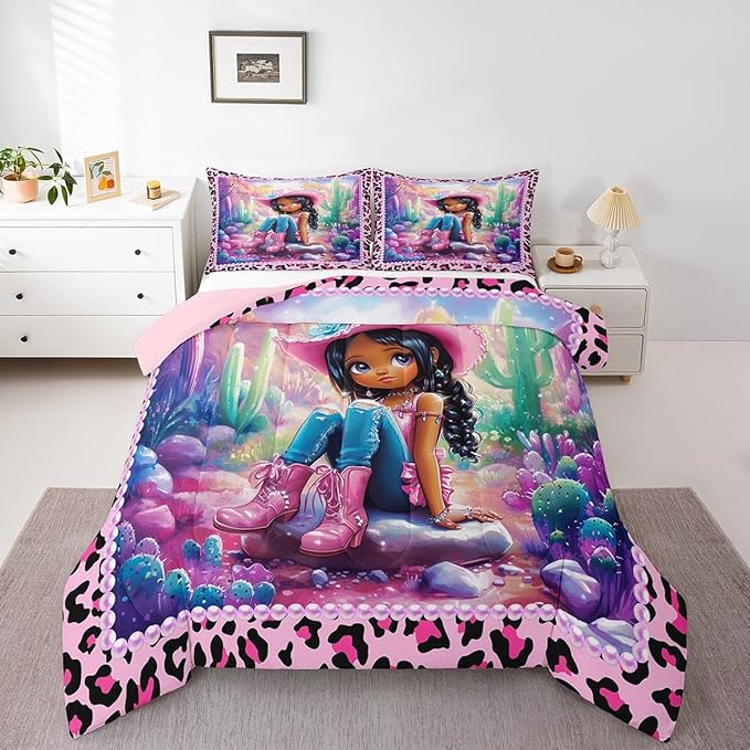 Western Cowgirl Comforter Set King Size,Reversible Cute Girl Cactus American Style Bedding Set All Season Quilt Set,African Pink Leopard Print Plaid Black Microfiber Polyester Down Comforter