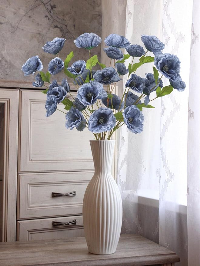 6PCS Poppies Flowers Artificial Silk Flowers 32in Artificial Poppies Dusty Blue Flowers for Wedding Home Party Table Centerpiece Arrangement Decoration (Dusty Blue)