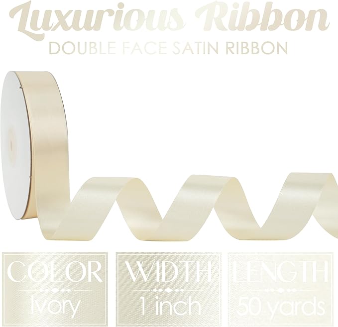 MEEDEE Ivory 1 Inch Ribbon Lux Double Faced Satin Ribbon by 50 Yards Polyester Cream Ribbons Ivory Wrapping Ribbons for Crafts, Satin Wedding, Flower Bouquet, Holiday Decorating