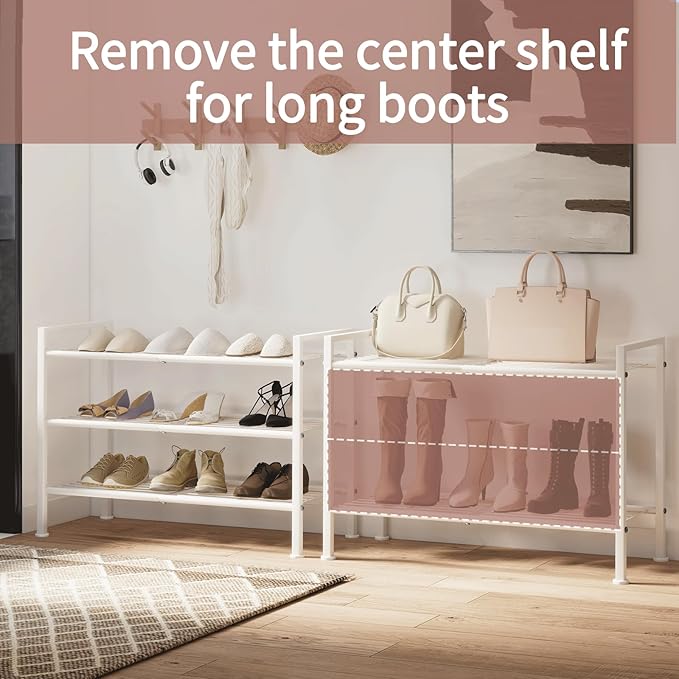 DongRong White Shoe Rack,3 Tier Metal Simple Shoe Storage Organizer Multi-Functional Shelf for Closet,Entryway, Garage,Dorm Room(White, 3 Tier)