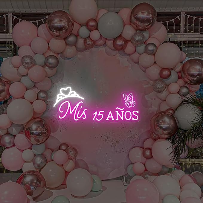 Mis 15 Anos Neon Sign, Sweet 15 Quince Party Sign with Dimmer Switch, Birthday Party Decor, Quinceanera Party Sign, Preppy Room Decor,Birthday Party Home Decorations, Mitzvah Gift-Pink-16"x7.09"