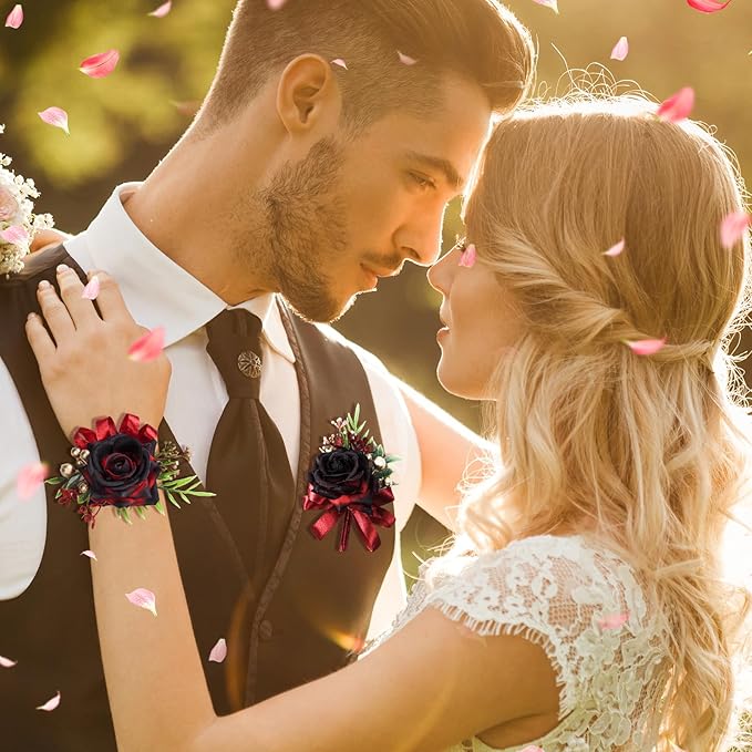 2 Pcs Wine Red Rose Wrist Corsage and Boutonniere Set, Rose Corsage Hand for Women, Boutonniere for Men Wedding Artificial Flowers Accessories Prom Decor, Christmas Party Accessories (Wine Red)