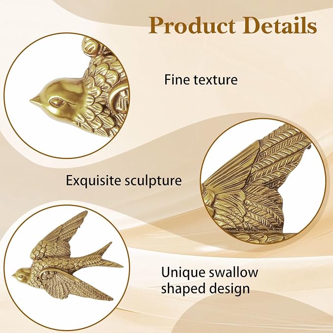 MAQUITA 4 Pcs Vintage Bird Wall Sculpture Decor Art, Antique Gold 3D Swallow Resin Wall Decor, Small Bird Walls Decors for Living Room, Bedroom, Gallery, and Garden (2 Large & 2 Small)