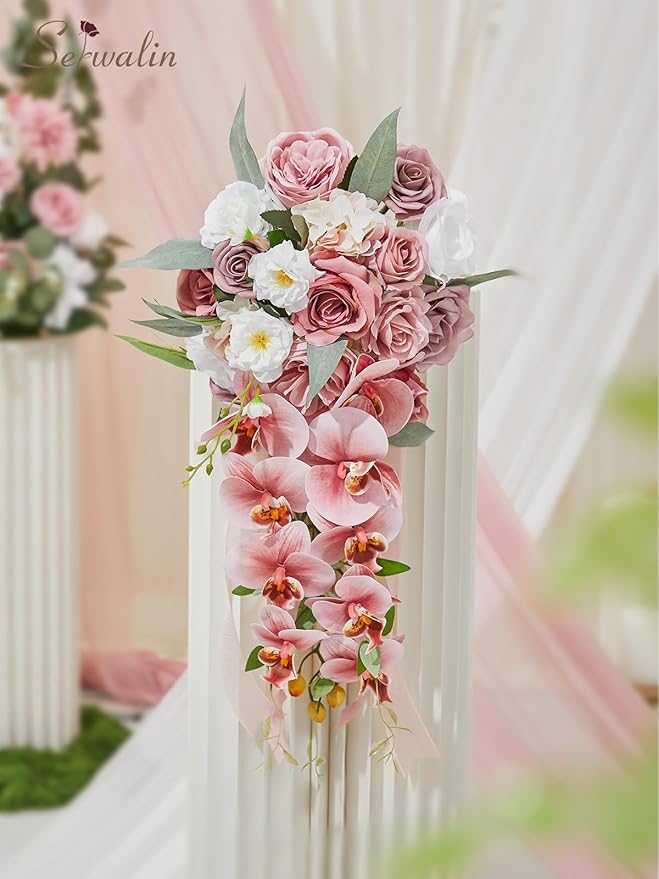 Serwalin 11Inch Wedding Bouquet Dusty Rose Cream Bridal Bouquets for Bride Bride Bouquets for Wedding Ceremony and Anniversary Day Decor