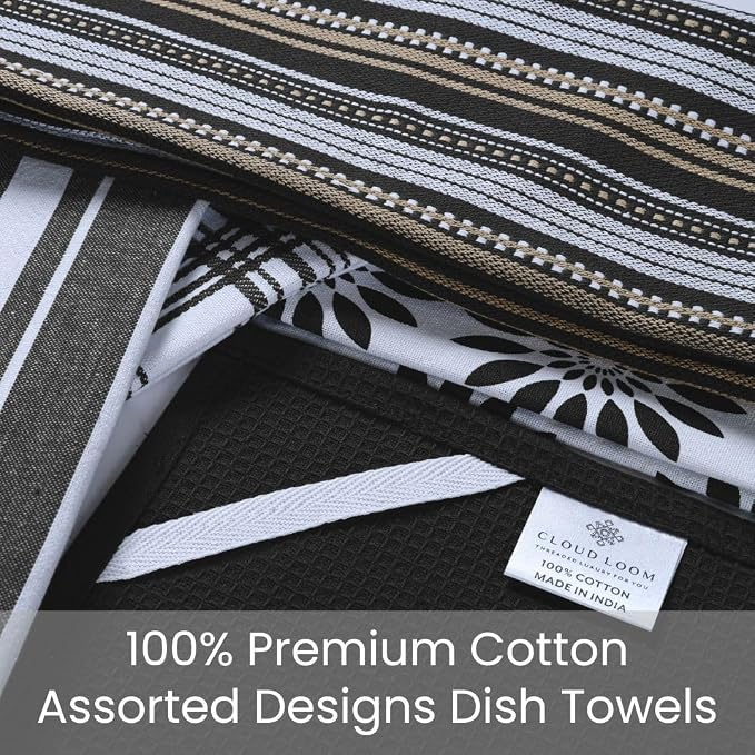 Assorted Kitchen Towels - Black Kitchen Towels, Set of 5, 16x26 in - Absorbent 100% Cotton Dish Towels with Hanging Loop - Waffle Weave Tea Towels for Drying Dishes, Glassware & Counters
