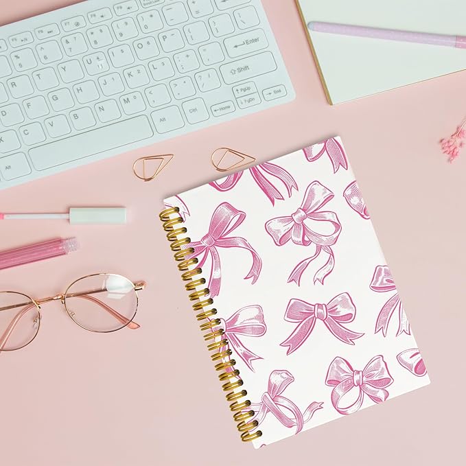 JKMBN Trendy Coquette Pink Bow Jonrnaling Notebooks, Aesthetic Spiral Notebook for Girls, Preppy Pink Journal Notebook, Pink Office Supplies, Hardcover Spiral Notebooks College Ruled 5.5 x 8.3