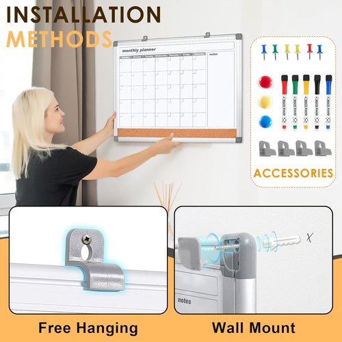 MAKELLO Dry Erase Calendar - 24" x 18" Wall Whiteboard with Cork Board for Home, Office & School