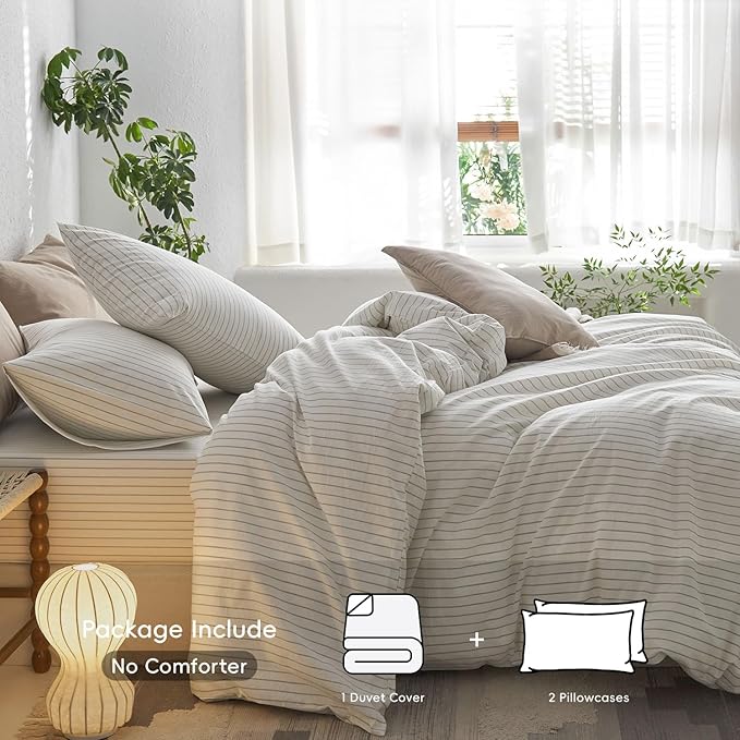 MooMee Striped Duvet Cover Set 100% Washed Cotton Linen Like Textured Breathable Durable Soft Comfy (White Sage Green Wide Stripes, Super King 108"x98")