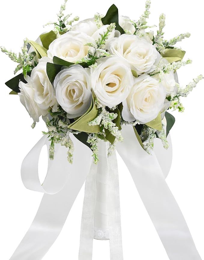 Wedding Bouquets for Bride Bridesmaid Bouquet Ivory Bridal Bouquet Artificial Roses for Wedding Church Home Decoration (Ivory)
