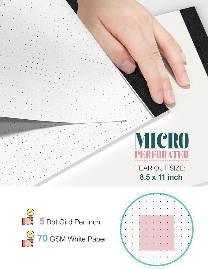 Zaviko Dotted Paper 8.5 x 11, 6 Pack Dot Grid Paper Pad, 30 Sheets Per Pad Dotted Journal Notepad 8.5 x 11, Easy Tear-Off 5x5 Dots Journal Paper Pads for Office, School