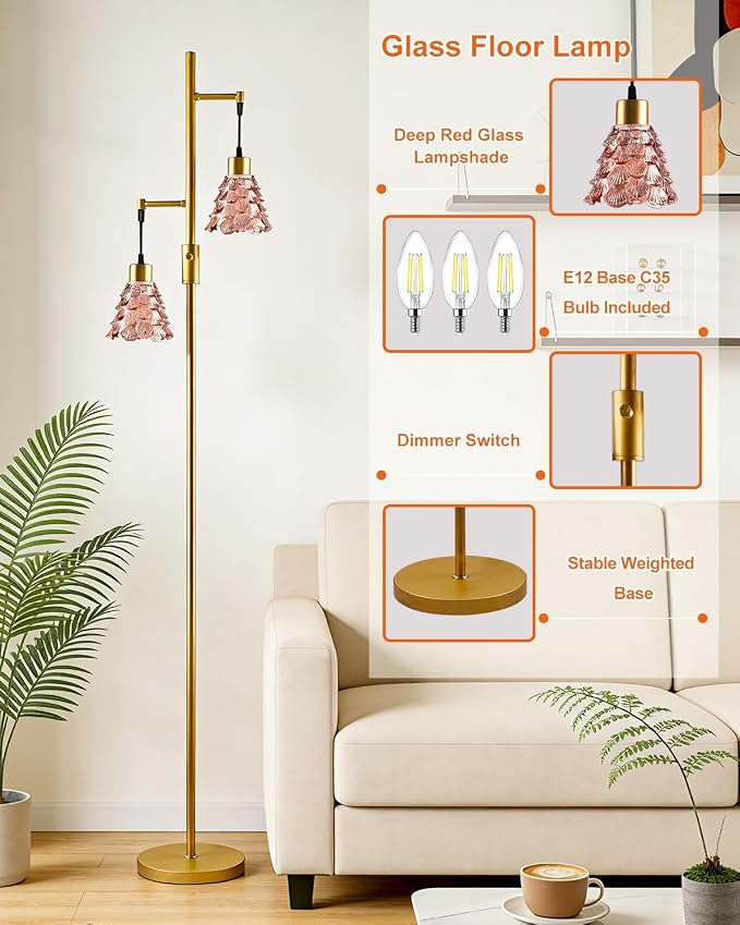 Lightdot 2-Light Gold Flower Floor Lamp, 65IN Rose Red Glass Floor Lamp with 3000K Warm White Bulbs, Modern Standing Tall Lamp with 5Lbs Heavy Base for Living Room Bedroom Home Office Sofa Beside