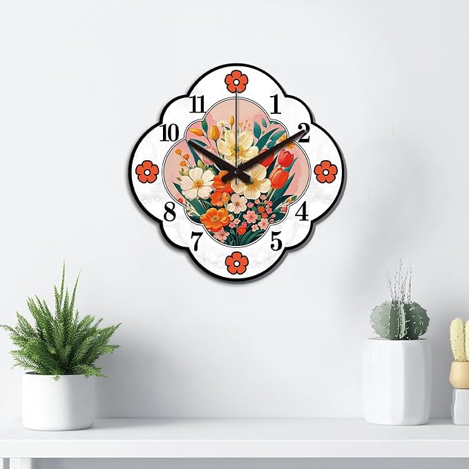 Floral Frame Wall Clock Irregular Shape Decorative Wall Clock Retro Style Flowers Non-Ticking Clock for Home Office Decoration, 12.99×12.99 inch