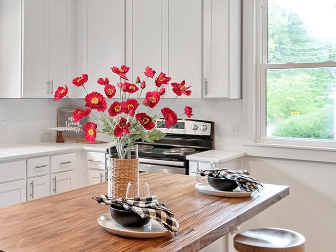 6PCS Red Poppy Flowers Artificial Silk Poppies Faux Bouquet for Christmas Fake Floral Home Decor Living Room Kitchen Party Xmas Red Table Centerpieces