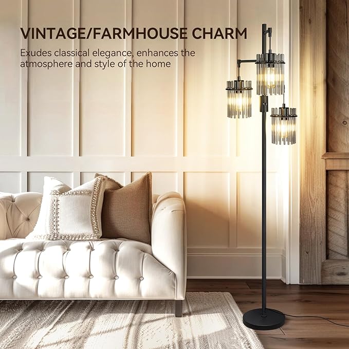 Industrial Floor Lamps for Living Room, Dimmable Floor Lamp Modern Standing Lamps with Glass Lampshade, Rotary Switch, LED Bulbs, Tall Lamps for Bedroom, Office (3 Lampshades(66inch))