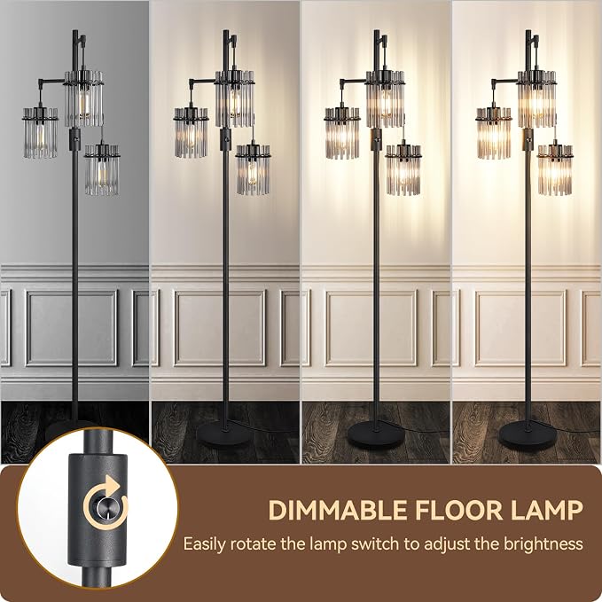 Industrial Floor Lamps for Living Room, Dimmable Floor Lamp Modern Standing Lamps with Glass Lampshade, Rotary Switch, LED Bulbs, Tall Lamps for Bedroom, Office (3 Lampshades(66inch))