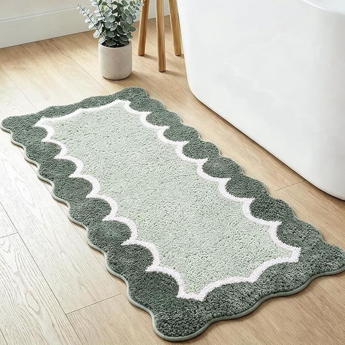 Cute Scalloped Green Bathroom Rugs Mat,Non Slip Absorbent Quick Dry Runner Rug for Shower Room Bedroom,Microfiber Long Bath Mats for Bath Floor Washable Carpet for Shower Tub Sink,24"x59"