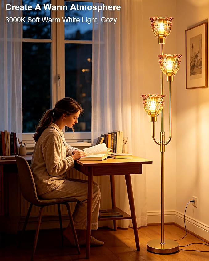 Lightdot 66IN 3-Lights Modern Glass Floor Lamp Gold Dimmable Floor Lamps with 3000K Warm White Bulbs for Wedding Party Tall Standing Lamp with Amber Glass Shade for Living Room/Bedroom/Home Decor