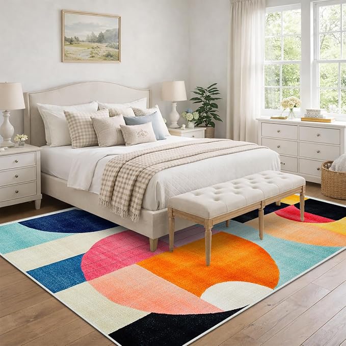 8x10 Colorful Area Rug Modern Abstract Orange Yellow Pink Blue White Beige Black Bedroom Rug Low Pile Thin Large Carpet Living Room Non Slip Dining Room Stain Resistant Office Washable Machine