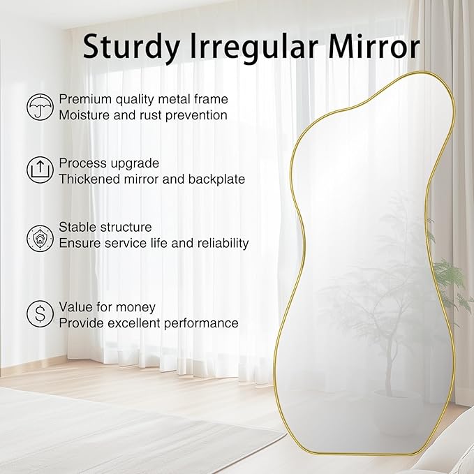 Large Irregular Wall Mirror, 63"x30" Asymmetrical Aesthetic Floor Mirror with Gold Metal Frame, Modern Organic Shaped Mirrors for Living Room Bedroom Hallway Entryway, Hanging or Leaning