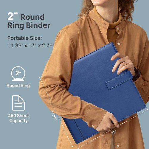 POPRUN PU Leather 2-Inch 3-Ring Binder | Professional Business Organizer with Dividers & Filler Papers - Blue