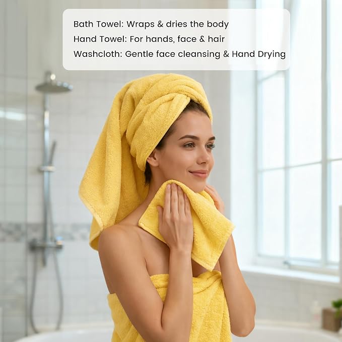 SEMAXE Bath Towel Set, 8 Piece Towel Set for Bathroom, Quick Dry Cotton Towels with Hanging Loops, Easy Care, Yellow