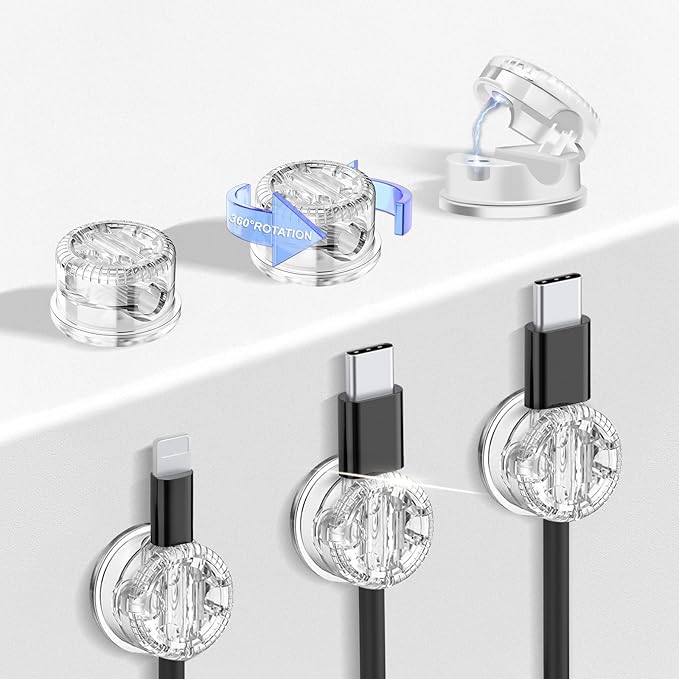 6 Pack Cord Organizer Magnetic Cable Clips, 360°Rotation Cable Clips - Adjustable Cord Holder for Nightstand, Adhesive Cable Management Cord Clips, Cable Holder & Charger Organizer（Clear）
