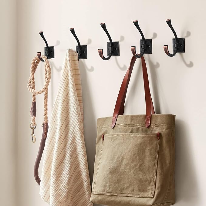 Large Wall Hooks 2 Pack Oil Rubbed Bronze Coat Hooks Hardware Towel Hooks for Hanging Coats 4.35 Inch Double Robe Hooks Wall Mounted with Screws for Key, Towel, Bags, Cup, Hat