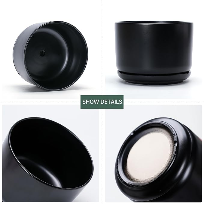 Ton Sin Black Ceramic Pots for Plants, 4.4+5.4+6.9 Inch, Planters with Drainage Hole and Saucer, Indoor Flower Pots for Succulents, African Violets, Small House Plants