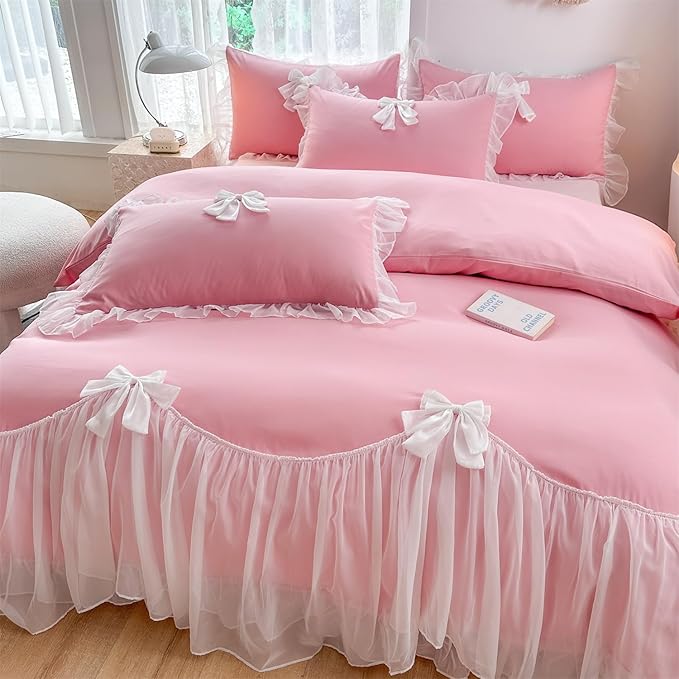 Girls Lace Bedding,Queen Comforter Cover Set, Chic Ruffled Duvet Cover with Lovely Bow,Princess Style 1 Duvet Cover with 2 Pillowcases, No Comforter-Bright Pink,Queen Size