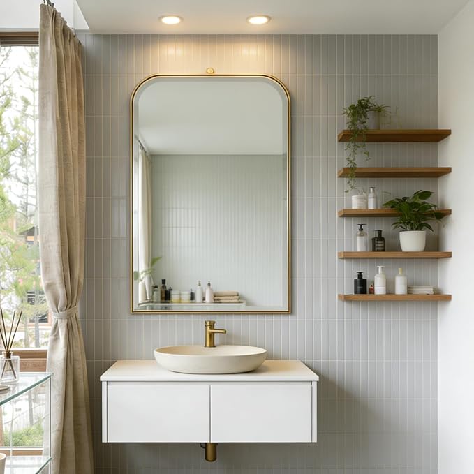 POZINO Rectangle Beveled Mirror, 22"x35" Bathroom Vanity Mirrors for Over Sink, Brushed Gold Mirror with Stainless Steel Frame, Modern Premium Wall Mirrors for Living Room Entryway Hallway