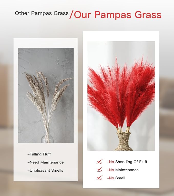 9 Pcs 45" Tall Pampas Grass Red Decor, Long Stem Artificial Flower Floor Vase Large Faux Floral Pompas Fake Plants Dried Bouquet Arrangement Vase Filler for Boho Home Wedding Decoration