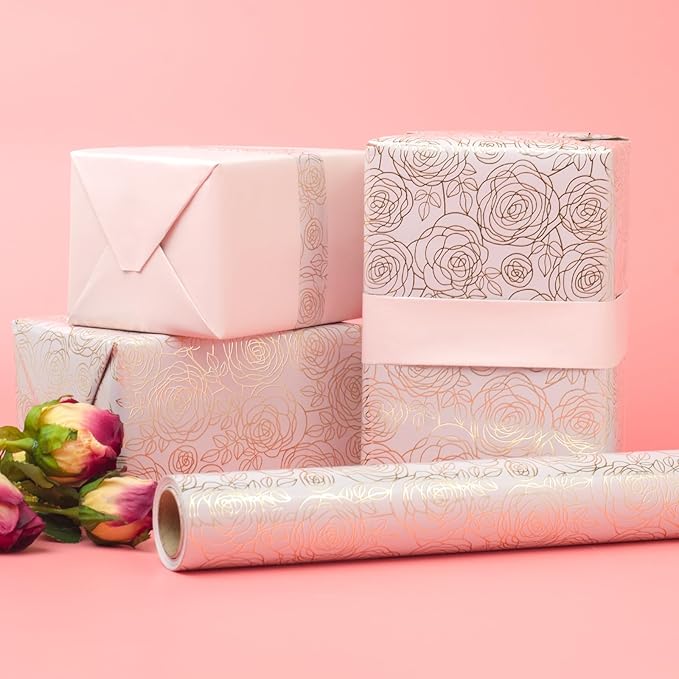 LDGOOAEL Mini Wrapping Paper Roll - Reversible Design (17" X 32.8Feet) - Metallic Gold Rose for Mothers Day, Birthday, Baby Shower