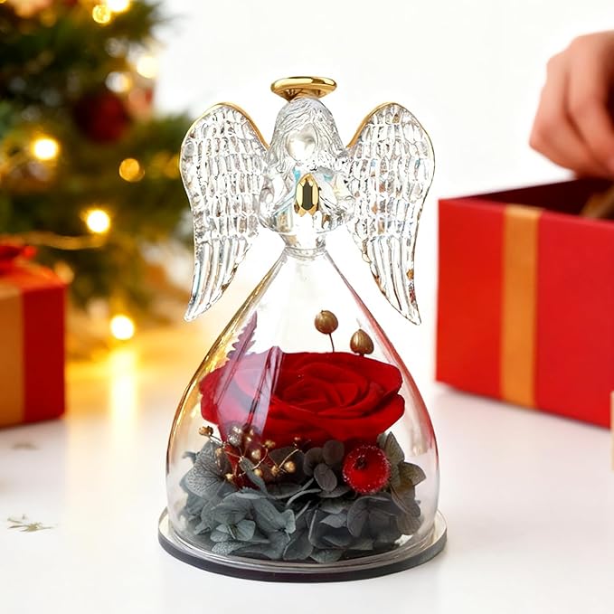 Yamonic Mom Birthday Gifts for Women, Preserved Roses Forever Flower in Glass Angel Figurines Gifts for Moms Grandma, Real Fresh Flowers Christmas Mothers Day Anniversary Valentines Gifts for Her(Red)