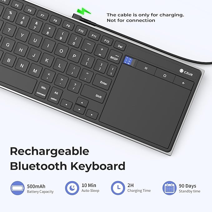 CZUR Portable Computer Keyboard with Trackpad, Rechargeable Bluetooth Keyboard with Touchpad, Wireless Ultra Slim Keyboard for PC/Laptop/Tablet/Phone, for Windows/Android