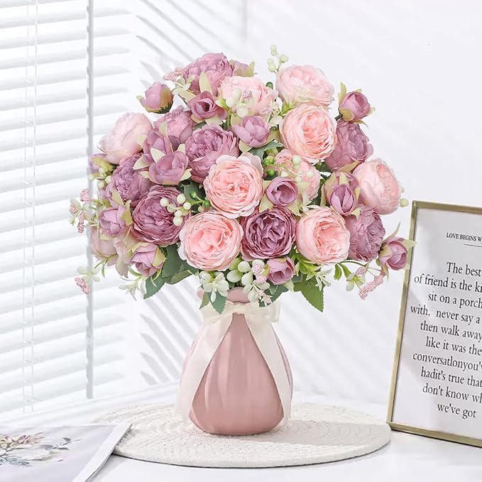 SOMYTING Peonies Artificial Flowers, Fake Flowers Pink Peonies Faux Flowers Vintage Artificial Silk Flower Peonies Bouquets Floral Arrangements Home Wedding Party Coffee Table Decor (Mixed pink, 2PCS)