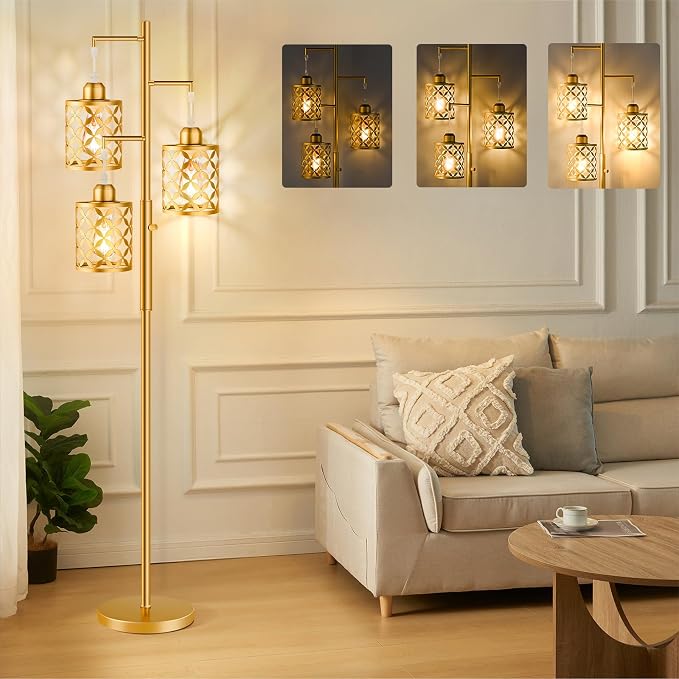 Dimmable Floor Lamp, Farmhouse Standing Lamp with Elegant Metal Cage, Industrial Tall Tree Floor Lamps for Living Room, Bedroom, Study Room, Office, 3 x 800LM LED Bulbs Included, 72", Gold