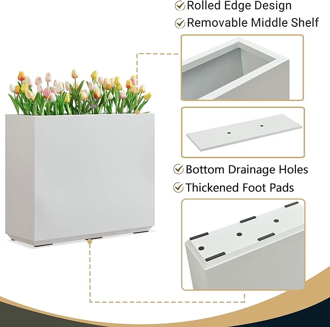 Wallowa Metallic Heavy Outdoor Planter Box, Span Plant Container, Long and Tall Divider Flower Pot, 30Lx10Wx24H, White, No Assembly 30.8 Pounds