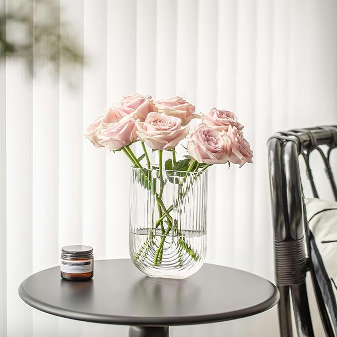 Clear Ribbed Glass Flower Vase, 7" H Modern Small Vase, Ellipse U Shaped Fluted Striped Decorative Vase, Fit for Home Living Room Table Decor (Open:5.11" x 2.36")