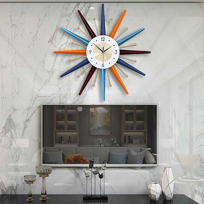 Starburst Large Wall Clock Metal Decorative,Mid Century Wall Clocks, Silent Non-Ticking Battery Operated Wall Clocks Home Décor for Living Room,Bedroom,Dining Room, Office, 22 inch