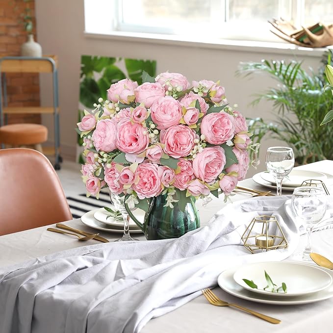 SOMYTING Peonies Artificial Flowers, Silk Flowers Faux Peonies Bouquet Fake Flowers Silk Floral Arrangements Dining Table Centerpieces for Home Wedding Party Decoration (Light Pink, 4PCS)