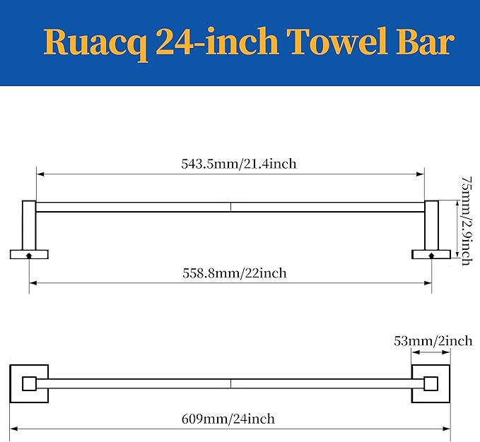 Ruacq Matte Black 21 Inch Single Towel Bar Square Bath Towel Holders Bathroom Towel Rack SUS304 Stainless Steel Modern Wall Mounted Total Length 24 Inch