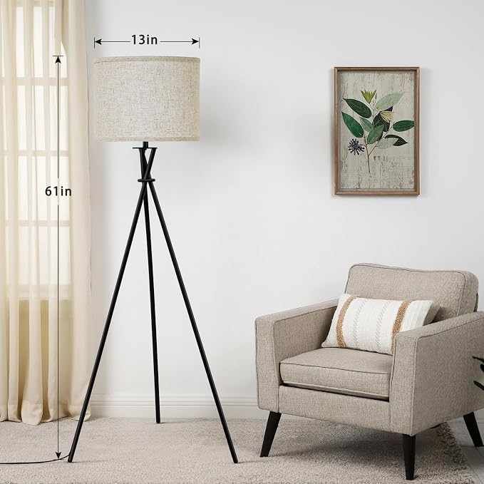 Tripod Floor Lamp Black, 61” Tall Floor Lamps, Standing Lamp with Rotary Switch, Modern Floor Lamp Simple Design with Beige Shade, Floor Lamps for Living Room, Bedroom, Office, Without Bulb